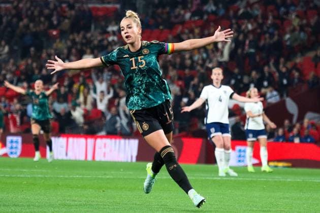 London, England 25 October 2024 Test match soccer womens national team 2024 England vs Germany In the picture Goalscorer Giulia Gwinn Germany converts the penalty to make it 0 1 for Germany Wembley Stadium Copyright: xFotostandx xFantinix