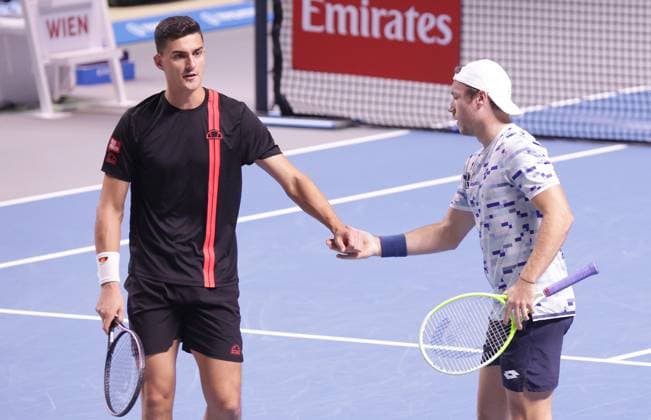 TENNIS - ATP, Tennis Herren Erste Bank Open VIENNA,AUSTRIA,26.OCT.24 - TENNIS - ATP World Tour, Erste Bank Open. Image shows Alexander Erler and Lucas Miedler (AUT).  GEPAxpictures xWalterxLuger