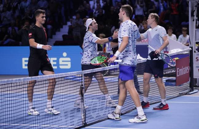 TENNIS - ATP, Tennis Herren Erste Bank Open VIENNA,AUSTRIA,26.OCT.24 - TENNIS - ATP World Tour, Erste Bank Open. Image shows Alexander Erler, Lucas Miedler (AUT), Henry Patten (GBR) and Harri Heliovaara (FIN).  GEPAxpictures xWalterxLuger