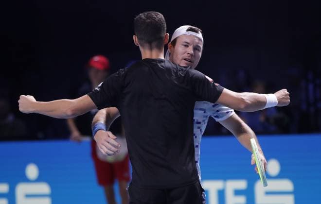 TENNIS - ATP, Tennis Herren Erste Bank Open VIENNA,AUSTRIA,26.OCT.24 - TENNIS - ATP World Tour, Erste Bank Open. Image shows the rejoicing of Alexander Erler and Lucas Miedler (AUT).  GEPAxpictures xWalterxLuger