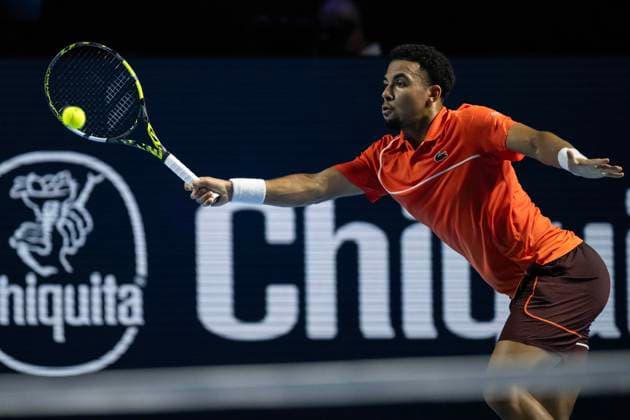 26th October 2024; St. Jakobshalle, Basel, Switzerland; ATP, Tennis Herren 500 Swiss Indoors Basel Tennis, Day 6; Arthur Fils (FRA) in action against Ben Shelton (USA) in the semi finals  ActionPlus12708232 DavidxEmm