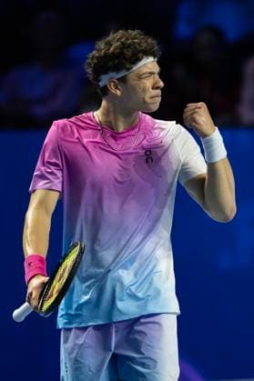 26th October 2024; St. Jakobshalle, Basel, Switzerland; ATP, Tennis Herren 500 Swiss Indoors Basel Tennis, Day 6; Ben Shelton (USA) reacts after winning the match against Arthur Fils (FRA) in the semi finals  ActionPlus12708239 DavidxEmm
