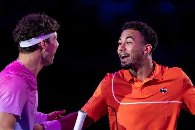 26th October 2024; St. Jakobshalle, Basel, Switzerland; ATP, Tennis Herren 500 Swiss Indoors Basel Tennis, Day 6; Arthur Fils (FRA) and Ben Shelton (USA) share a joke before their semi final match  ActionPlus12708517 DavidxEmm