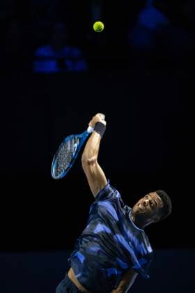 26th October 2024; St. Jakobshalle, Basel, Switzerland; ATP, Tennis Herren 500 Swiss Indoors Basel Tennis, Day 6; Giovanni Mpetshi Perricard (FRA) in action against Holger Rune (DEN) in the semi finals  ActionPlus12708538 DavidxEmm
