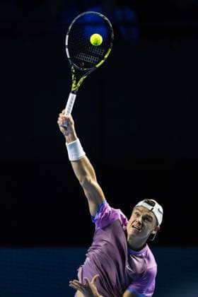 26th October 2024; St. Jakobshalle, Basel, Switzerland; ATP, Tennis Herren 500 Swiss Indoors Basel Tennis, Day 6; Holger Rune (DEN) in action against Giovanni Mpetshi Perricard (FRA) in the semi finals  ActionPlus12708539 DavidxEmm