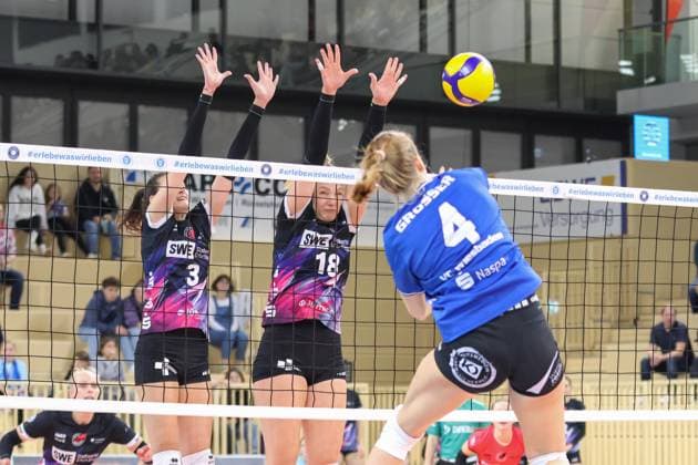 26 10 2024, xusrbx, Volleyball 1 Bundesliga Damen, VC Wiesbaden Schwarz Weiß Erfurt emspor, v l Ana Krulj Schwarz Weiss Erfurt, 3 , Kaylee Oscarson Schwarz Weiss Erfurt, 18 , Tanja Grosser VC Wiesbaden, 4 , DFL DFB REGULATIONS PROHIBIT ANY USE OF PHOTOGRAPHS as IMAGE SEQUENCES and or QUASI VIDEO Wiesbaden