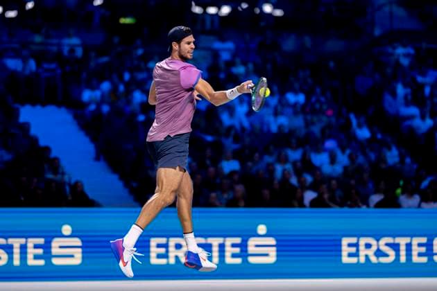 KAREN KHACHANOV in picture, winner in match against ALEXANDER DE MINAUR AUS at the ATP World Tour, Erste Bank Open at the Wiener Stadthalle Vienna