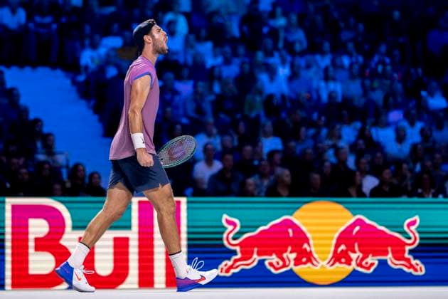 KAREN KHACHANOV in picture celebrating his win in match against ALEXANDER DE MINAUR AUS at the ATP World Tour, Erste Bank Open at the Wiener Stadthalle Vienna