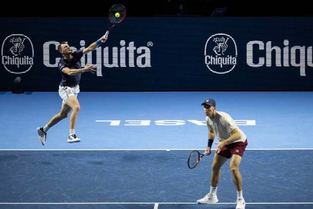 26th October 2024; St. Jakobshalle, Basel, Switzerland; ATP, Tennis Herren 500 Swiss Indoors Basel Tennis, Day 6; Jamie Murray (GBR) and John Peers (AUS) in action in the match against Santiago Gonzalez (MEX) and Edouard Roger-Vasselin (FRA) in the semi finals of the doubles  ActionPlus12708676 DavidxEmm