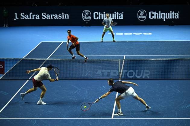 26th October 2024; St. Jakobshalle, Basel, Switzerland; ATP, Tennis Herren 500 Swiss Indoors Basel Tennis, Day 6; Jamie Murray (GBR) and John Peers (AUS) in action in the match against Santiago Gonzalez (MEX) and Edouard Roger-Vasselin (FRA) in the semi finals of the doubles  ActionPlus12708678 DavidxEmm
