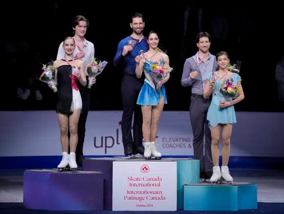 -Ekaterina Geynish and Dmitrii Chigirev of Uzbekistan, Deanna Stellato-Dudek and Maxime Deschamps of Canada and Anastasia Golubeva and Hector Giotopoulos Moore of Australia pose on the podium at the ISU Figure skating, Eiskunstlauf Skate Canada competition on October 26, 2024 in Halifax, Canada. Noxthirdxpartyxsales  (271288809)