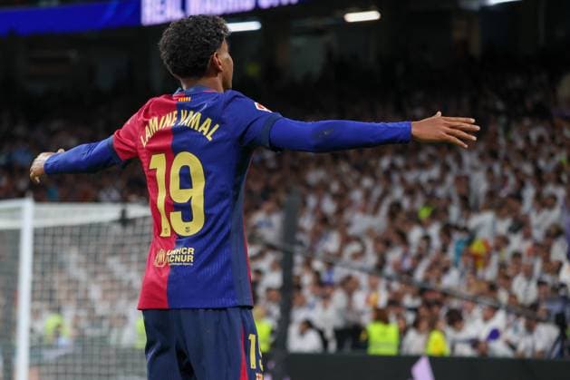 October 26, 2024, Madrid, Spain: Lamine Yamal celebrates a goal during the Liga match between Real Madrid and FC Barcelona, Barca at the Santiago Bernabeu Stadium. Real Madrid had a score of 0 goals a 4 against FC Barcelona at the Estadio Santiago Bernabeu in a new year in the LA Spanish Football League. Madrid Spain - ZUMAs197 0775649071st Copyright: xDavidxCanalesx
