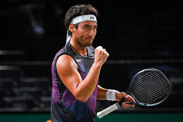 October 27, 2024, Paris, France, France: Yunchaokete BU of China celebrates his point during the second qualifying day of the Rolex Paris Masters 1000 tennis tournament at Accor Arena on October 27, 2024 in Paris, France. Paris France - ZUMAm308 20241027_zsp_m308_005 Copyright: xMatthieuxMirvillex