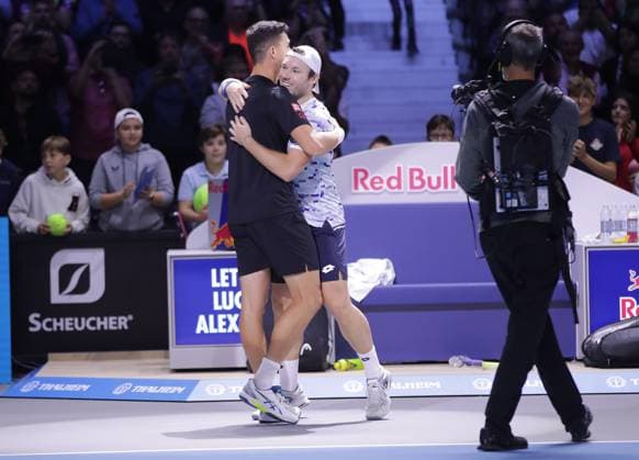 TENNIS - ATP, Tennis Herren Erste Bank Open VIENNA,AUSTRIA,27.OCT.24 - TENNIS - ATP World Tour, Erste Bank Open. Image shows the rejoicing of Alexander Erler and Lucas Miedler (AUT).  GEPAxpictures xWalterxLuger