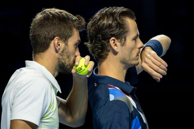 27th October 2024; St. Jakobshalle, Basel, Switzerland; ATP, Tennis Herren 500 Swiss Indoors Basel Tennis, Day 7; Wesley Koolhof (NED) and Nikola Metic (CRO) in action during the match against Jamie Murray (GBR) and John Peers (AUS) in the final of the doubles  ActionPlus12709056 DavidxEmm
