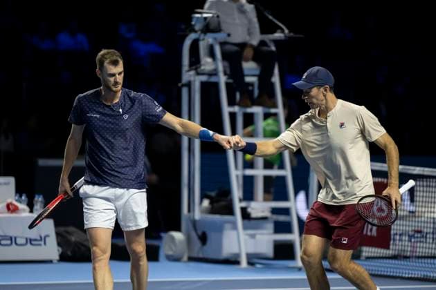 27th October 2024; St. Jakobshalle, Basel, Switzerland; ATP, Tennis Herren 500 Swiss Indoors Basel Tennis, Day 7; Jamie Murray (GBR) and John Peers (AUS) in action against Wesley Koolhof (NED) and Nikola Metic (CRO) in the final of the doubles  ActionPlus12709065 DavidxEmm