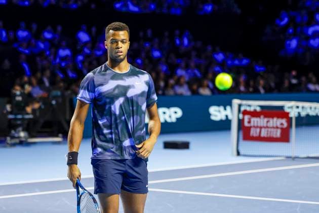 Giovanni Mpetshi Perricard FRA , Tennis, Swiss Indoors ATP World Tour 500 , 2024, Ben Shelton USA vs Giovanni Mpetshi Perricard FRA , 27 10 2024, St Jakobshalle, Basel, Switzerland Basel St Jakobshalle BS Switzerland Copyright: xGrantxHubbsx