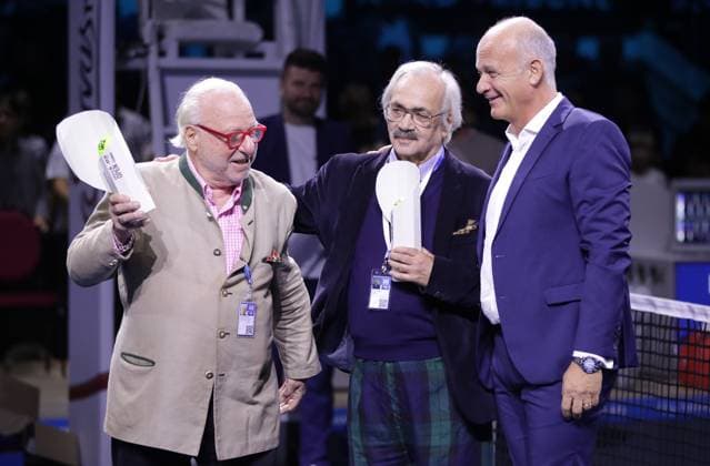 TENNIS - ATP, Tennis Herren Erste Bank Open VIENNA,AUSTRIA,27.OCT.24 - TENNIS - ATP World Tour, Erste Bank Open. Image shows Christian Bisutti, Josef Metzger and tournament director Herwig Straka. Keywords: trophy.  GEPAxpictures xWalterxLuger