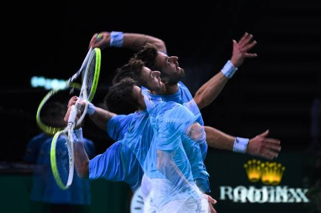 Multiple exposure photo of Corentin Moutet ( FRA ) during the Rolex Paris Masters at Accor Hotel Arena on October 27, 2024 in Paris, France. ( Photo by Federico Pestellini Panoramic ) TENNIS : Rolex Paris Masters - Paris - 27 10 2024 FedericoPestellini Panoramic 