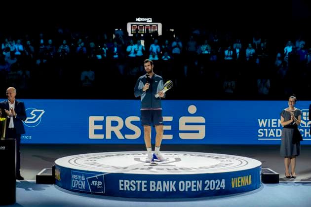Second place finisher KAREN KHACHANOV after match against JACK DRAPER GBR , winner of the Erste Bank Open ATP World Tour at the Wiener Stadthalle Vienna