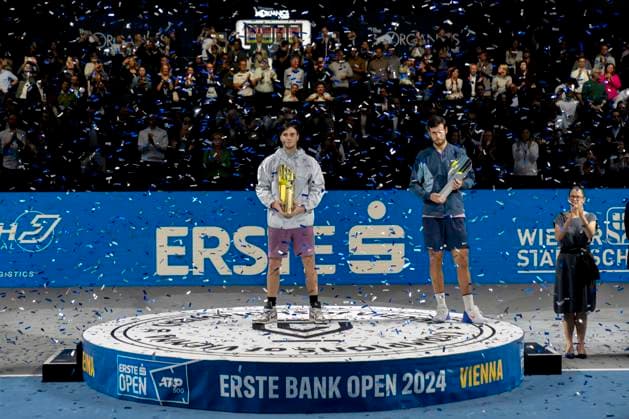 JACK DRAPER GBR celebrating his victory of the Erste Bank Open together with second place finisher KAREN KHACHANOV at the ATP World Tour, Erste Bank Open at the Wiener Stadthalle Vienna