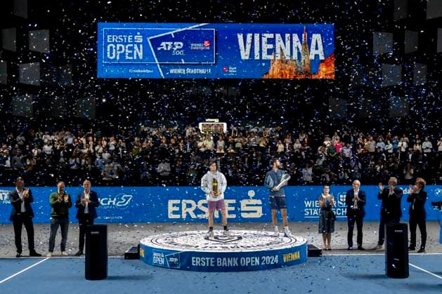 JACK DRAPER GBR celebrating his victory of the Erste Bank Open together with second place finisher KAREN KHACHANOV at the ATP World Tour, Erste Bank Open at the Wiener Stadthalle Vienna