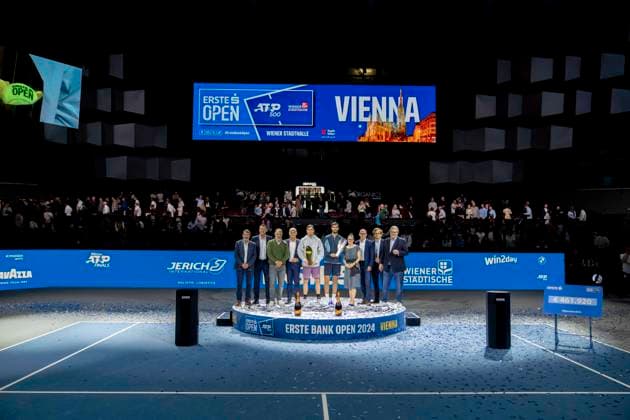 JACK DRAPER GBR celebrating his victory of the Erste Bank Open together with second place finisher KAREN KHACHANOV at the ATP World Tour, Erste Bank Open at the Wiener Stadthalle Vienna