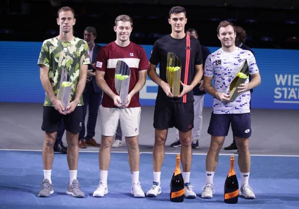 TENNIS - ATP, Tennis Herren Erste Bank Open VIENNA,AUSTRIA,27.OCT.24 - TENNIS - ATP World Tour, Erste Bank Open. Image shows Michael Venus (NZL), Neal Skupski (GBR), Alexander Erler and Lucas Miedler (AUT). Keywords: trophy.  GEPAxpictures xWalterxLuger