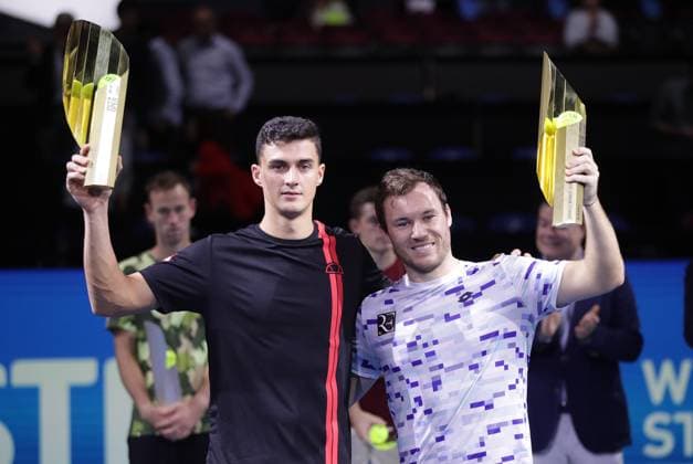 TENNIS - ATP, Tennis Herren Erste Bank Open VIENNA,AUSTRIA,27.OCT.24 - TENNIS - ATP World Tour, Erste Bank Open. Image shows Alexander Erler and Lucas Miedler (AUT). Keywords: trophy.  GEPAxpictures xWalterxLuger