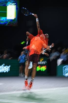 Multiple exposure photo of Arthur Cazaux ( FRA ) during the Rolex Paris Masters at Accor Hotel Arena on October 27, 2024 in Paris, France. ( Photo by Federico Pestellini Panoramic ) TENNIS : Rolex Paris Masters - Paris - 27 10 2024 FedericoPestellini Panoramic 