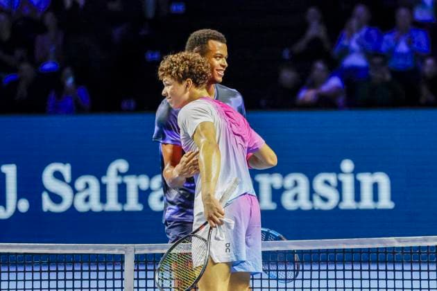 Giovanni Mpetshi Perricard FRA after his win with Ben Shelton USA , Tennis, Swiss Indoors ATP World Tour 500 , 2024, Ben Shelton USA vs Giovanni Mpetshi Perricard FRA , 27 10 2024, St Jakobshalle, Basel, Switzerland Basel St Jakobshalle BS Switzerland Copyright: xGrantxHubbsx
