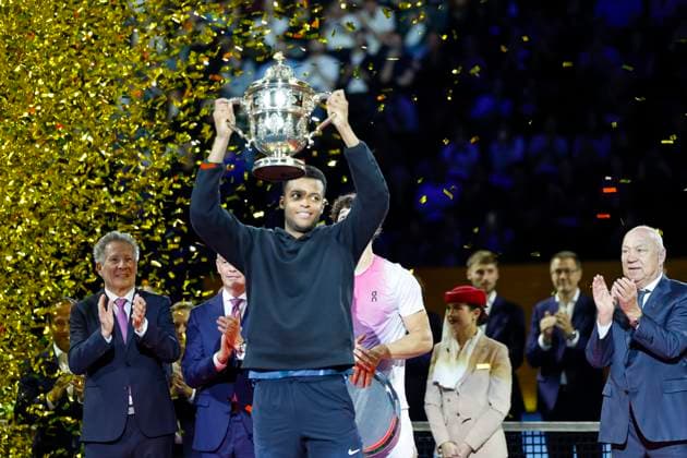 Giovanni Mpetshi Perricard FRA at the award ceremony , Tennis, Swiss Indoors ATP World Tour 500 , 2024, Ben Shelton USA vs Giovanni Mpetshi Perricard FRA , 27 10 2024, St Jakobshalle, Basel, Switzerland Basel St Jakobshalle BS Switzerland Copyright: xGrantxHubbsx
