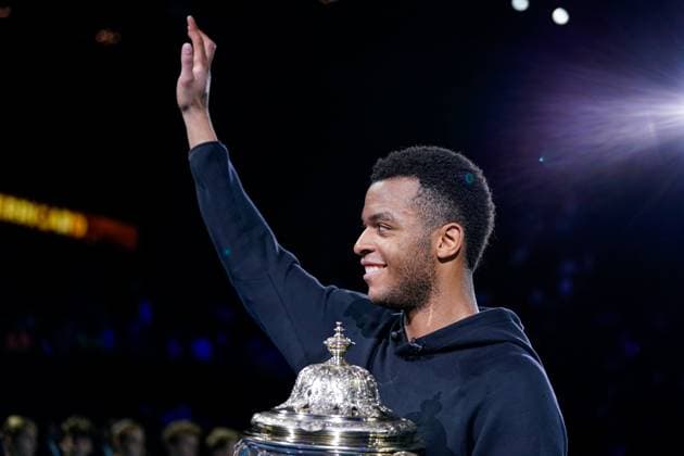 27 10 2024, Basel, St Jakobshalle, ATP Swiss Indoors Basel, Giovanni Mpetshi Perricard FRA with the winners trophy after his victory during the Mens Singles Final Basel St Jakobshalle Basel Switzerland Copyright: xJustPictures.ch DanielaxPorcellix jp-en-DaPo-20241027-_DP25354