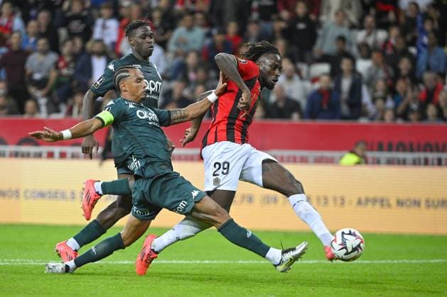 Forward GUESSAND Evann (OGC Nice) and Defender KEHRER Thilo (AS Monaco). OGC Nice vs AS Monaco, Ligue 1 Mcdonalds in Allianz Riviera Stadium, NICE, France, on 27 October, 2024. FOOTBALL : L1 J9 - OGC Nice vs AS Monaco - Ligue 1 - 27 10 24 FredDides Panoramic 