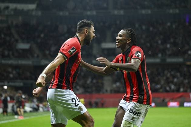 Joy of Forward LABORDE Gaetan (OGC Nice) and Forward GUESSAND Evann (OGC Nice) goal. OGC Nice vs AS Monaco, Ligue 1 Mcdonalds in Allianz Riviera Stadium, NICE, France, on 27 October, 2024. FOOTBALL : L1 J9 - OGC Nice vs AS Monaco - Ligue 1 - 27 10 24 FredDides Panoramic 