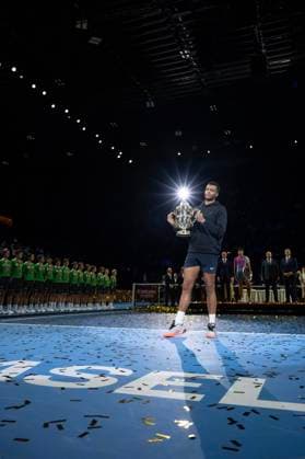 27th October 2024; St. Jakobshalle, Basel, Switzerland; ATP, Tennis Herren 500 Swiss Indoors Basel Tennis, Day 7; Giovanni Mpetshi Perricard (FRA) lifts the trophy after winning the final against Ben Shelton (USA)  ActionPlus12709407 DavidxEmm