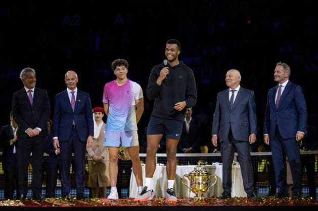 27th October 2024; St. Jakobshalle, Basel, Switzerland; ATP, Tennis Herren 500 Swiss Indoors Basel Tennis, Day 7; Giovanni Mpetshi Perricard (FRA) gives his winners speech after the final against Ben Shelton (USA)  ActionPlus12709415 DavidxEmm