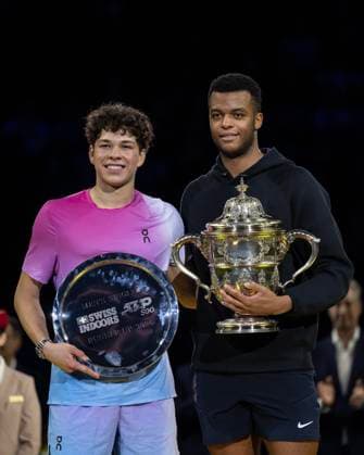 27th October 2024; St. Jakobshalle, Basel, Switzerland; ATP, Tennis Herren 500 Swiss Indoors Basel Tennis, Day 7; Giovanni Mpetshi Perricard (FRA) and Ben Shelton (USA) pose with their trophies after the final  ActionPlus12709416 DavidxEmm