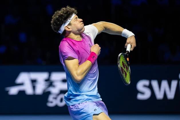 27th October 2024; St. Jakobshalle, Basel, Switzerland; ATP, Tennis Herren 500 Swiss Indoors Basel Tennis, Day 7; Ben Shelton (USA) in action against Giovanni Mpetshi Perricard (FRA) in the singles final  ActionPlus12709428 DavidxEmm