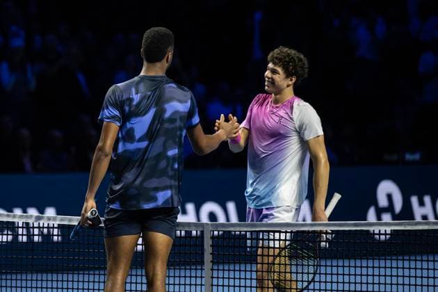 27th October 2024; St. Jakobshalle, Basel, Switzerland; ATP, Tennis Herren 500 Swiss Indoors Basel Tennis, Day 7; Ben Shelton (USA) congratulates Giovanni Mpetshi Perricard (FRA) at the net after the singles final  ActionPlus12709435 DavidxEmm