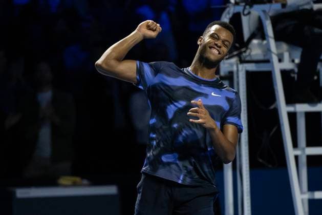 27th October 2024; St. Jakobshalle, Basel, Switzerland; ATP, Tennis Herren 500 Swiss Indoors Basel Tennis, Day 7; Giovanni Mpetshi Perricard (FRA) celebrates after beating Ben Shelton (USA) in the singles final  ActionPlus12709437 DavidxEmm