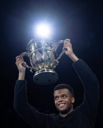 Sport Bilder des Tages 27th October 2024; St. Jakobshalle, Basel, Switzerland; ATP, Tennis Herren 500 Swiss Indoors Basel Tennis, Day 7; Giovanni Mpetshi Perricard (FRA) lifts the winners trophy after beating Ben Shelton (USA) in the singles final  ActionPlus12709439 DavidxEmm