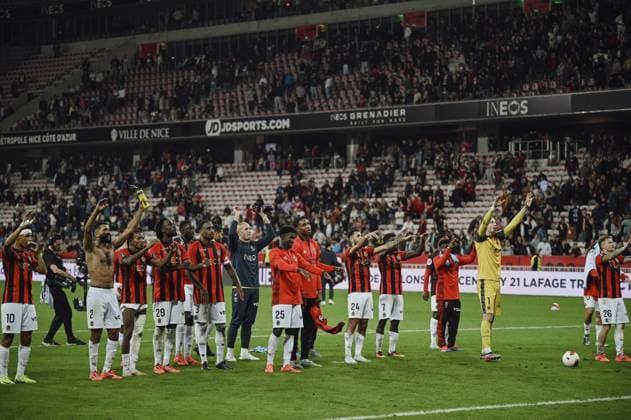 Joy of OGC Nice team after victory. OGC Nice vs AS Monaco, Ligue 1 Mcdonalds in Allianz Riviera Stadium, NICE, France, on 27 October, 2024. FOOTBALL : L1 J9 - OGC Nice vs AS Monaco - Ligue 1 - 27 10 24 FredDides Panoramic 