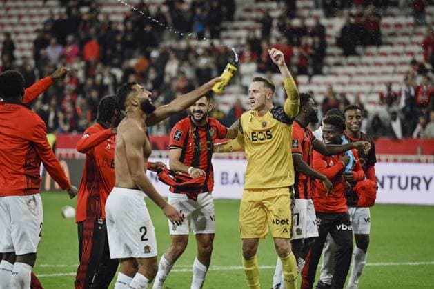 Joy of Defender ABDI Ali (OGC Nice) and Goalkeeper BULKA Marcin (OGC Nice) and Forward LABORDE Gaetan (OGC Nice) after victory. OGC Nice vs AS Monaco, Ligue 1 Mcdonalds in Allianz Riviera Stadium, NICE, France, on 27 October, 2024. FOOTBALL : L1 J9 - OGC Nice vs AS Monaco - Ligue 1 - 27 10 24 FredDides Panoramic 