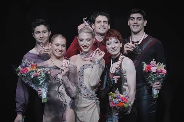 Marjorie Lajoie and Zachary Lagha of Canada, Piper Gilles and Paul Poirier of Canada and Eugenia Lopareva and Geoffrey Brissaud of France pose on the podium at the ISU Figure skating, Eiskunstlauf Skate Canada competition on October 27, 2024 in Halifax, Canada. Noxthirdxpartyxsales  (271369782)