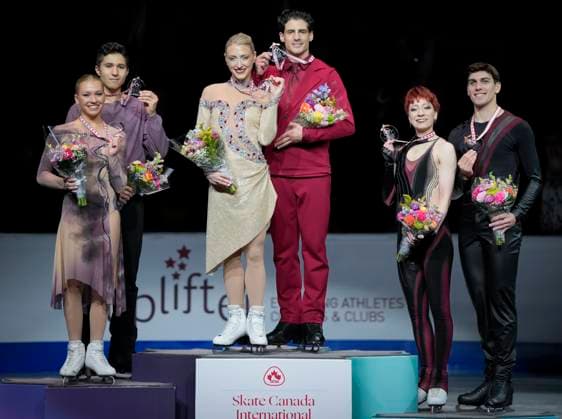 Marjorie Lajoie and Zachary Lagha of Canada, Piper Gilles and Paul Poirier of Canada and Eugenia Lopareva and Geoffrey Brissaud of France pose on the podium at the ISU Figure skating, Eiskunstlauf Skate Canada competition on October 27, 2024 in Halifax, Canada. Noxthirdxpartyxsales  (271369811)