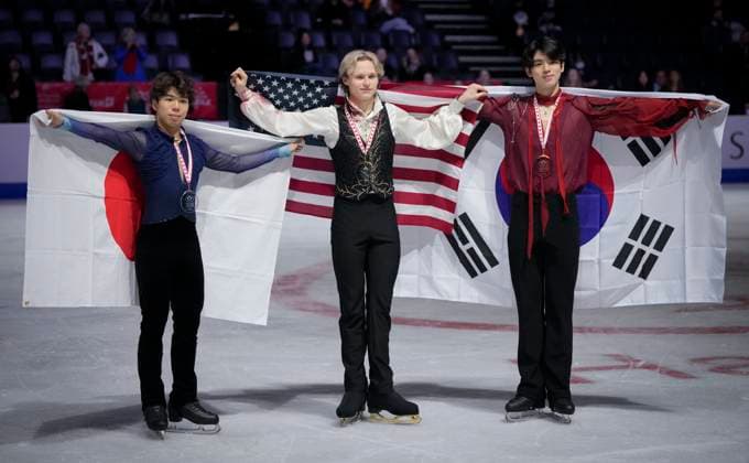 Shun Sato of Japan, Ilia Malinin of the U.S. and Junhwan Cha of Korea pose at the ISU Figure skating, Eiskunstlauf Skate Canada competition on October 27, 2024 in Halifax, Canada. Noxthirdxpartyxsales  (271370139)