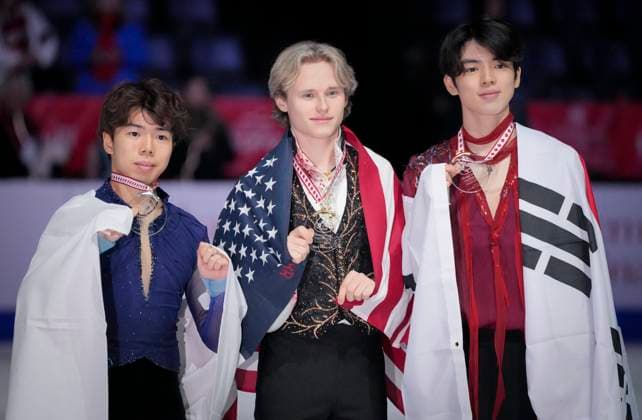 Shun Sato of Japan, Ilia Malinin of the U.S. and Junhwan Cha of Korea pose at the ISU Figure skating, Eiskunstlauf Skate Canada competition on October 27, 2024 in Halifax, Canada. Noxthirdxpartyxsales  (271370146)