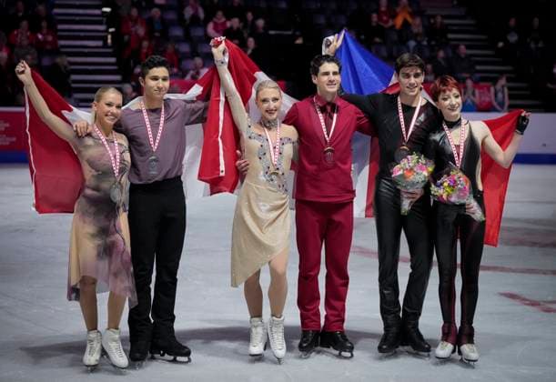 Marjorie Lajoie and Zachary Lagha of Canada, Piper Gilles and Paul Poirier of Canada and Eugenia Lopareva and Geoffrey Brissaud of France pose at the ISU Figure skating, Eiskunstlauf Skate Canada competition on October 27, 2024 in Halifax, Canada. Noxthirdxpartyxsales  (271370027)