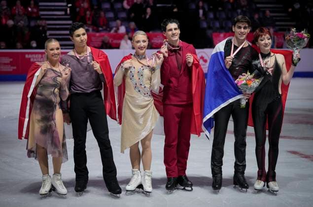 Marjorie Lajoie and Zachary Lagha of Canada, Piper Gilles and Paul Poirier of Canada and Eugenia Lopareva and Geoffrey Brissaud of France pose at the ISU Figure skating, Eiskunstlauf Skate Canada competition on October 27, 2024 in Halifax, Canada. Noxthirdxpartyxsales  (271370041)
